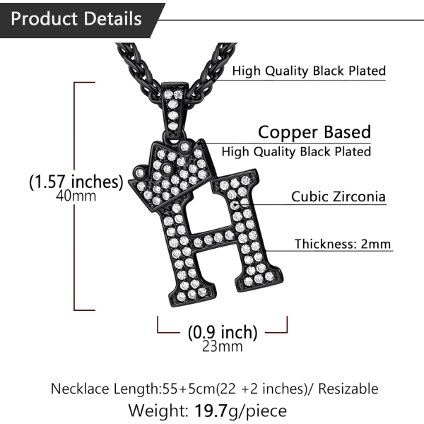 Krone Initial A-Z Halskjede, Iced Out Bokstavanheng med 22-24 Tommers Kjede, Menn Kvinner Bling Hip Hop Alfabet Navn Smykker Gave Store Initialer Halskjeder H Black
