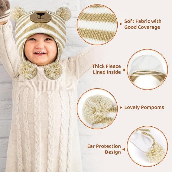 Børnehat Vinter Fleeceforet Hat Strikket Øreklapper Børnehatte Spædbarn Toddler Hatte til Drenge Piger Beige S