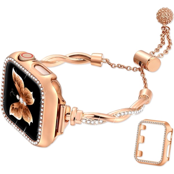 Armband och skal kompatibelt med Apple Watch armband 38mm 40mm 41mm dam, smalt elegant metallarmband strass stötfångare för Iwatch &S Rose Gold