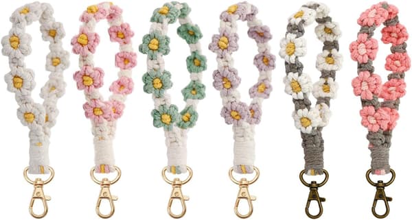 Macrame nøglering Håndlavet håndleds nøglering Håndleds snor til nøgler Sød blomst nøglering Nøglering til kvinder White Grey