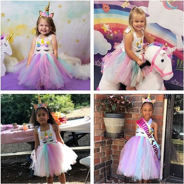 Drømmer Håndlaget Sequin Unicorn Kjole for Jenter 1-10Y med Hodebånd Bursdag Dansefest Kjoler type 1 4T（95-105cm）