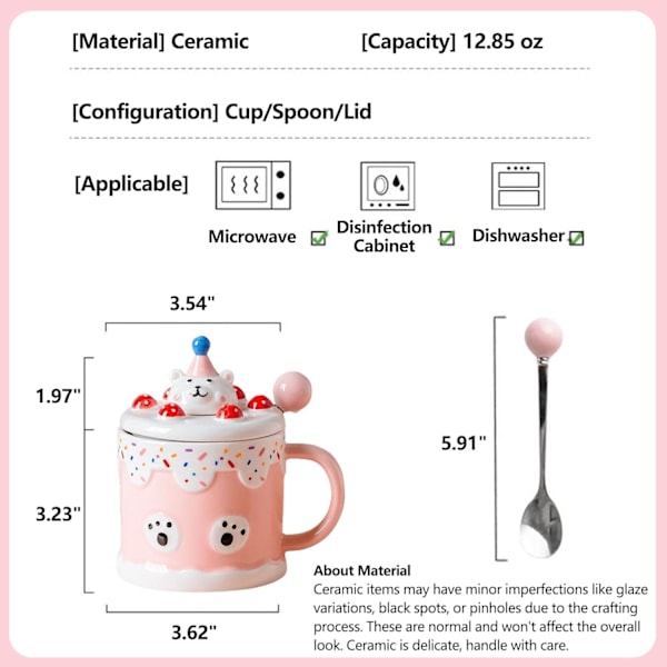 Kaffekrus med søt bjørn, bursdagskake, keramikk med lokk og skje, 13 oz, for kontor, hjem, morsdag, bursdag, julegave Pink