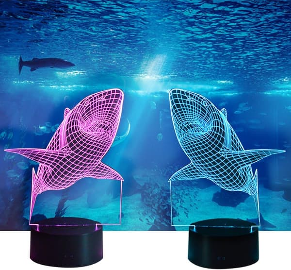 LED Natlampe 3D Haj Lampe Multi 7 Farveskiftende Touch S