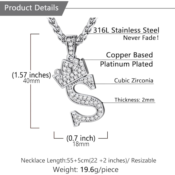 Krone Initial A-Z Halskjede, Iced Out Bokstavanheng med 22-24 Tommers Kjede, Menn Kvinner Bling Hip Hop Alfabet Navn Smykker Gave Store Initialer Halskjeder S Silver