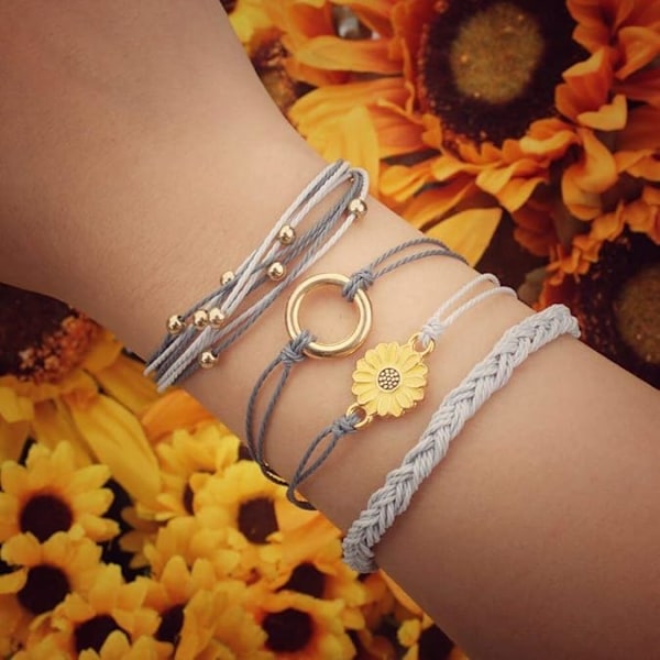 Solsikke Snorearmbånd Håndlavet Flettet Reb Charms Boho Surfer Armbånd til Kvinder Grey