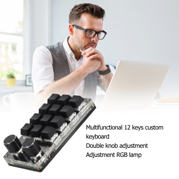 Programmerbar makro-tastatur 2 knotter blå bryter svart 12 taster mini tastatur med RGB for kontorspill musikk media