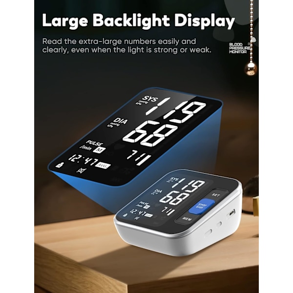 Blodtrycksmätare för hemmet Överarm, Exakt manschett 8,7”-15,7” Monitor med stor bakgrundsbelyst display 2 användare 240 set minne & HR-detektering,
