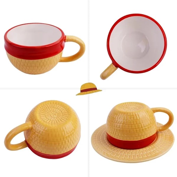 Anime Kaffemugg med Fat Kreativ Luffy Ace Sabo Tre Bröder Hattformad Keramisk Kaffekopp Barns Födelsedagspresent Kopp Luffy