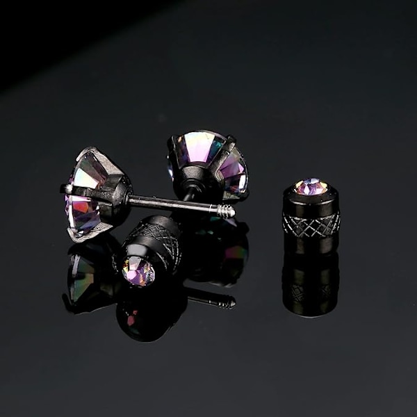 STEEL 5 Par Titan Skruv Bak Kirurgiskt Rostfritt Stål Örhängen för Kvinnor Män, Regnbåge 5A Cubic Zirconia Sova Hypoallergen Black Round CZ