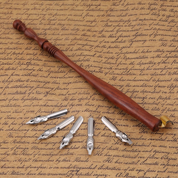 Engelsk Kalligrafi Træ Dip Pen Håndtag Nib Holder + 5 Flade Nibs 1MM 1.2MM 1.8MM 2MM 3MM