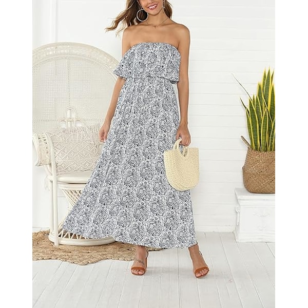 Dame Sommer Off Shoulder Maxikjole Flæse Stropløs Blå Hvid Porcelæn Boho Afslappet Løse Lange Kjoler L