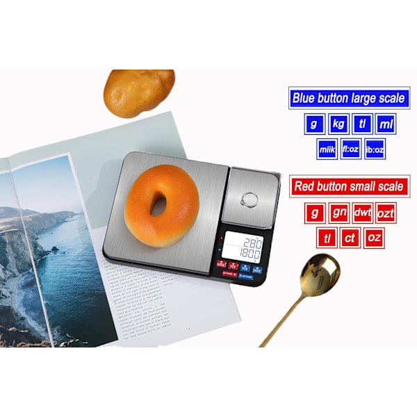 11lb & 17.6oz Uppladdningsbar Dubbelplattform Digital Köksskala och Matvåg med Mätsskedar, Precisionskapacitet (0.1g/0.01g), Rostfritt Stål,