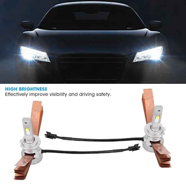 2 stk. Mini LED-frontlykter for bil i ren aluminiumslegering med dobbel varmespredning, høy lysstyrke, H7
