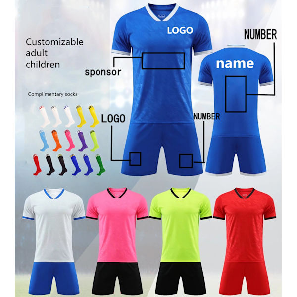 Fotbollströjeset: sportträningsdräkt, pojkar fotbollströja uniform, anpassad vuxendräkt, nummer, namn, logotyp, sponsor Red M