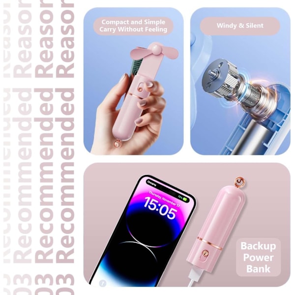 Portabel Handhållen Minifläkt - USB Uppladdningsbar Handhållen Fläkt med 3 Hastighetslägen - Batteridriven Fläkt med Inbyggd Powerbank - Vikbar