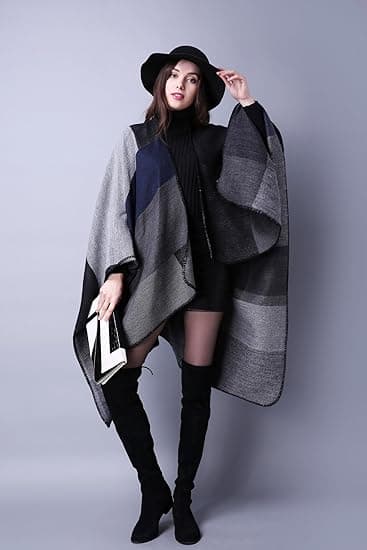 Werwing Dame Farveblok Sjal Wrap Åben Front Poncho Cape Oversized Afslappet Efterår Vinter Sweater Cardigan, Sort Black