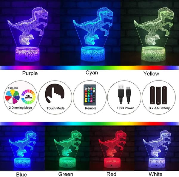 Dinosaur 3D Illusion Lampe Natlys til Børn Sengbordlampe