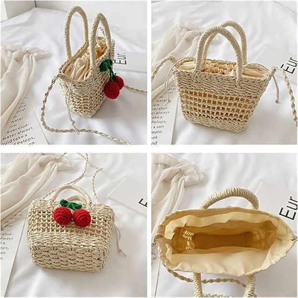 Lille halm spand tasker til kvinder sommer crossbody tasker dame rejse pung og håndtasker kvindelige skulder messenger taske White cherries