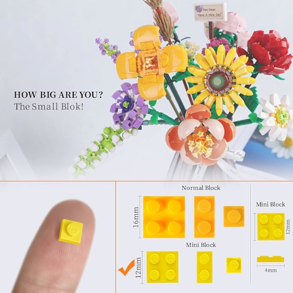 Mini-Lego Blombukett Byggset, Konstgjorda Blommor, DIY Unik Dekoration Hem, 547 Stycken Botanisk Kollektion för Barnpresent