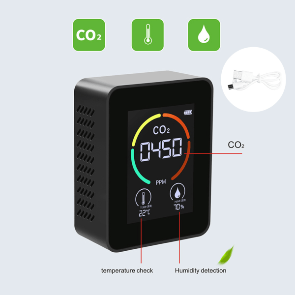 CO₂-ilmaisin Digitaalinen lämpömittari Hygrometrinen Ilmanlaadun monitori TVOC Formaldehydi-ilmaisin Black