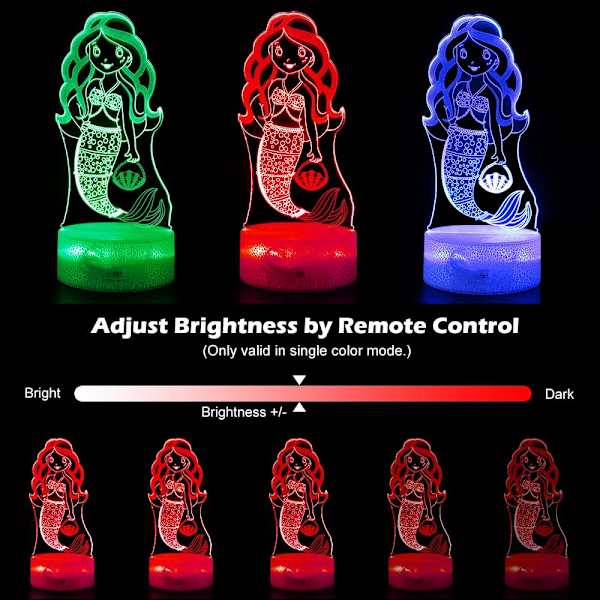 Liten Havfrue 3D Nattelys, Dynamiske RGB Farger Skiftende 3D Illusionslampe med Smart Berøring og Fjernkontroll