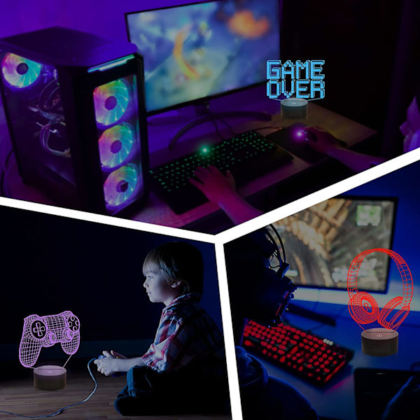 Game Over 3D-lampa, spelkontroll 3D-nattlampa (3 klor