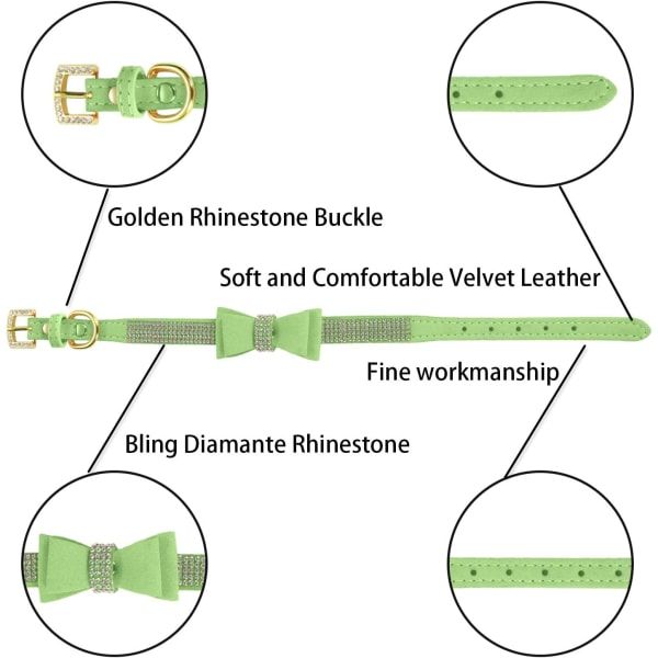 Crystal Hundhalsband med fluga Rhinestone Valphalsband Bli Green 30x1.5cm