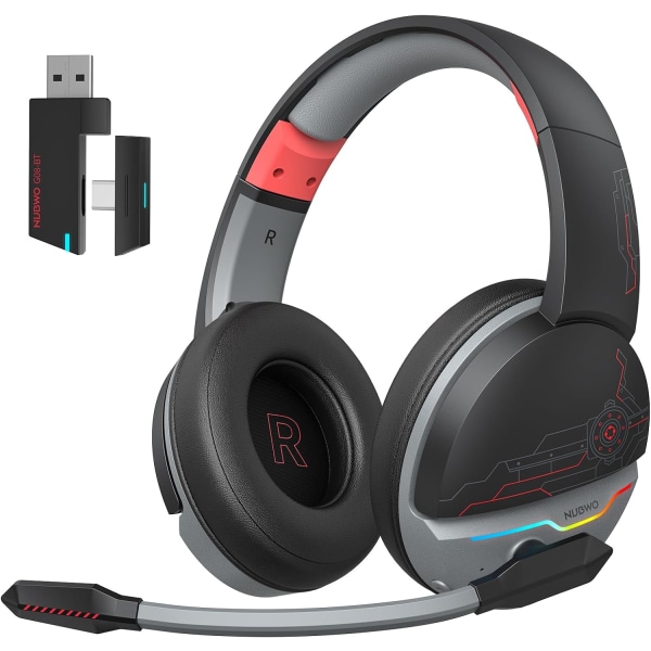 G08 Dobbelt Trådløst Spilheadset med Mikrofon til PS5, PS4, PC, Mobil, Tablet: 2.4Ghz Trådløs + 5.3 Bluetooth - Letvægts - RGB Lys - Rød Red