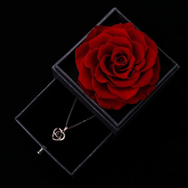 Bevarad äkta ros med kärlek dig halsband på 100 språk set, förtrollad äkta rosblomma för