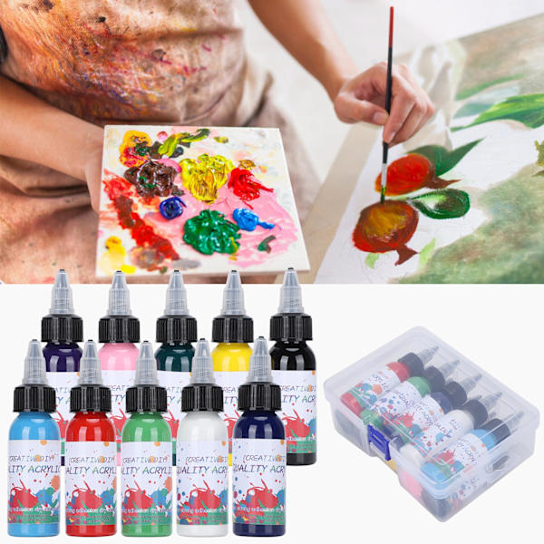 10 Flaskor Akrylfärg Set Färgglada för Konst Student Målning Pigment Plast Boxad 30ml