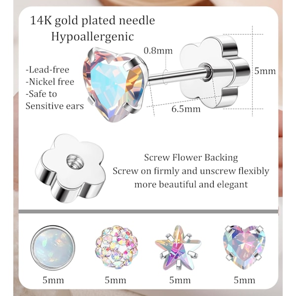 4 Par Hypoallergena Platt Baksida Örhängen för Kvinnor 14K Guld Brosk Örhänge för Känslig Hud Stjärna Hjärta Opal Skruv Baksida Sov Örhängen Silver