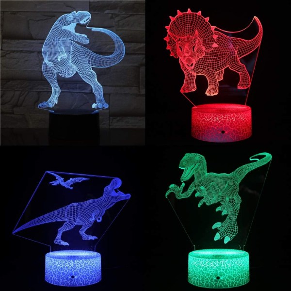 4 st 3D Triceratops LED-lampa, cool 3D Tyrannosaurus Rex Pte
