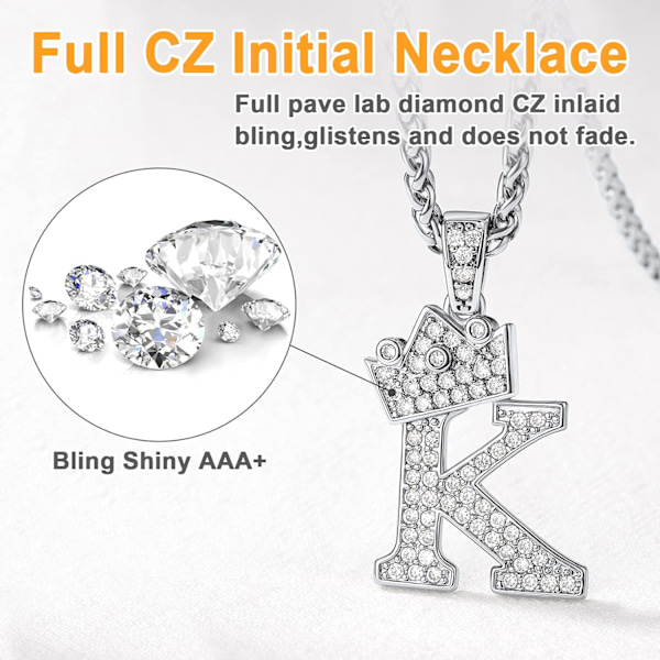 Krone Initial A-Z Halskjede, Iced Out Bokstavanheng med 22-24 Tommers Kjede, Menn Kvinner Bling Hip Hop Alfabet Navn Smykker Gave Store Initialer Halskjeder K Silver