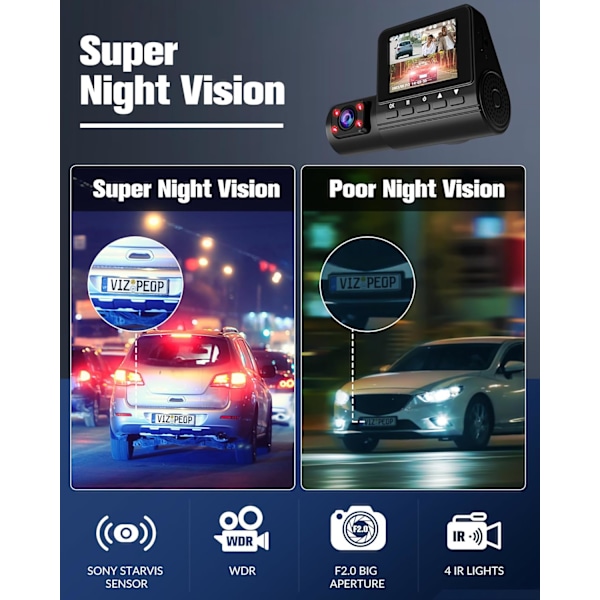 Dashkamera för bilar, 4K Full HD Dash Cam fram och bak inuti, Dashcam med nattseende med gratis 32 GB SD-kort, inbyggd loopinspelning, G-sensor, WDR