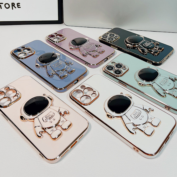6D galvanoitu astronautti piilotettu jalustakotelo iPhonelle Naisastronautti taittuva jalusta iPhone-kotelo kamerasuojalla Pehmeä TPU iskunkestävä puskuri Black iPhone XS max