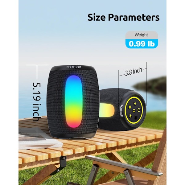 Bærbar Bluetooth-højtaler, kraftfuld stereolyd, lille trådløs højtaler med lys, IPX5 vandtæt, BT5.3 med AUX-indgang, TWS Pai Black