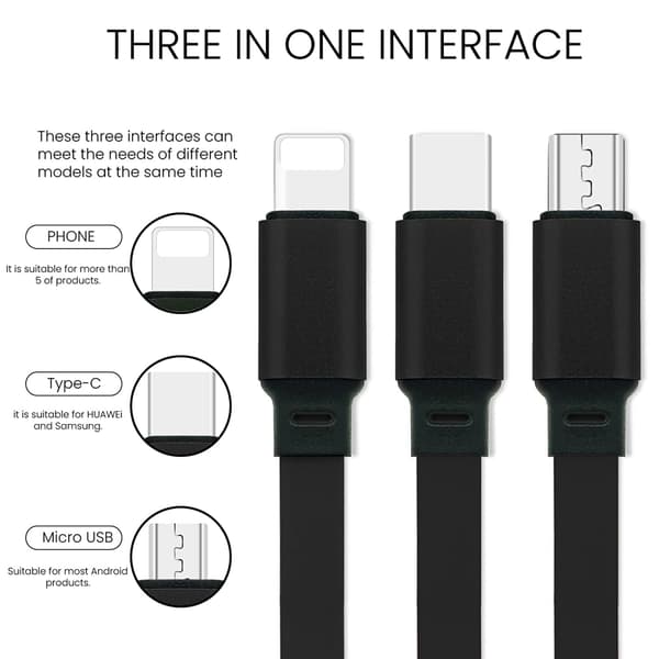 3 i 1 Universelt Udtrækkeligt USB-ladekabel, 1 m