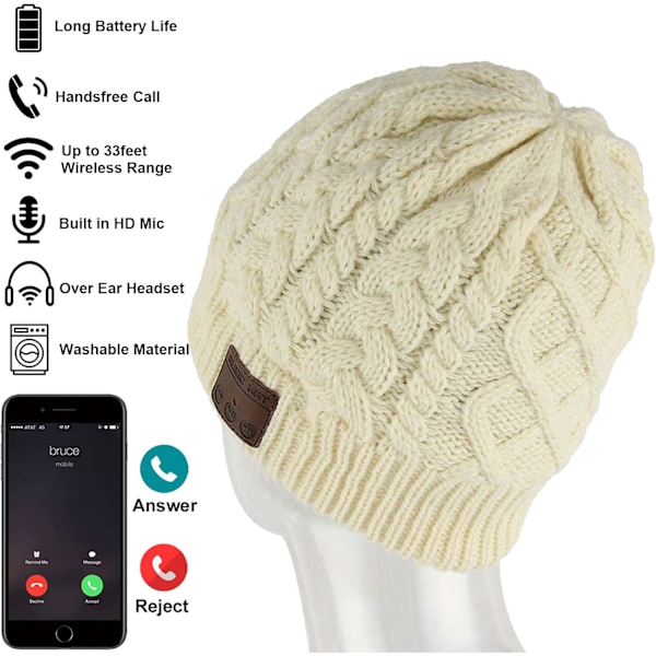 Trådløs Musik Hat Beanie Trådløse Hovedtelefoner Audio Drenge Piger Vinterhue med Højttaler Mic Håndfri Udendørs Sport Stereo Øretelefon Varmt White