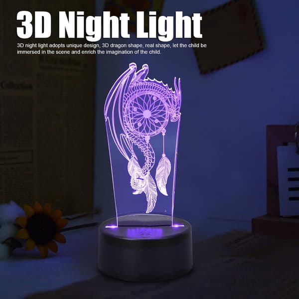 3D Nattlampe, Drageform LED Lampe 7 Farger Endrende Akryl