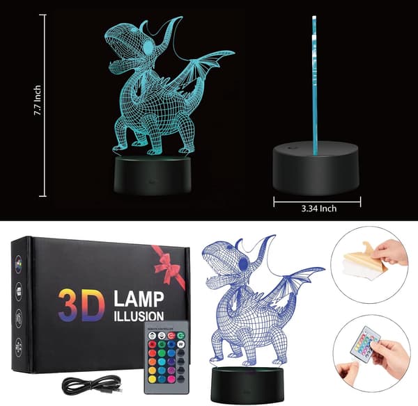 3D Dinosaur Natlampe til Børn - 16 Farver Børn Optisk