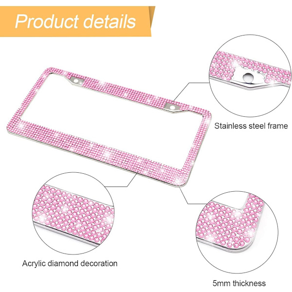 Bling Bilskilt Ramme, Håndlavet Krystal Rustfrit Stål, Funklende, Holdbar, Universal Pasform, Biltilbehør til Piger, Kvinder (Pink) Pink