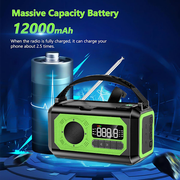 12000mAh Käsikäyttöinen Hätäradio, AM/FM/NOAA, Monitoiminen Aurinkoenergialla Toimiva Radio, 2 Aurinkopaneelia, USB-Lataus, Taskulamppu & LED-Lukuvalo, SOS-Hälytin Green