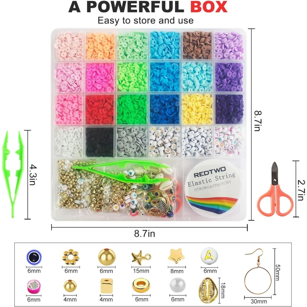 6200 stk leireperler armbåndsett, flatt rundt polymer Heishi vennskapsarmbånd smykkekit med charms og elastiske tråder for jenter 8-12 gave 6200pcs