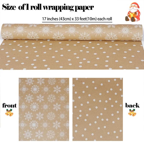 Vendbar Brun Kraft Julegavepapirrull 17\"x33Ft Snøfnugg Prikker brown