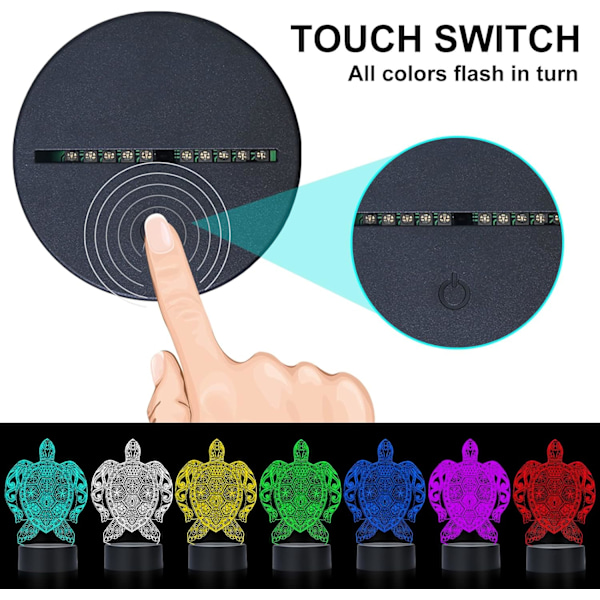 Barnens Sköldpadda Nattlampa för Barn, 3D Illusion Nattlampa, USB LED Bordlampa Smart Touch Dimmer Ljus 7 Färgväxlande, Rum Dekoration, Presenter till Barn