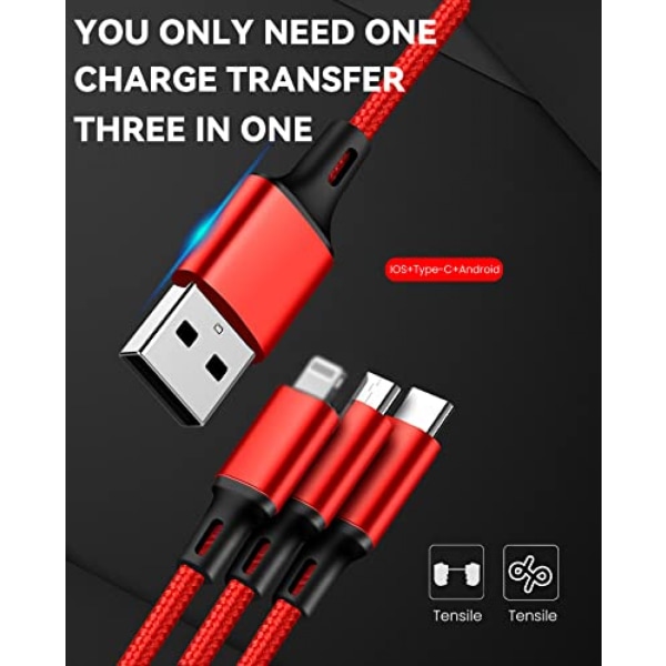 Universell 3-i-1 nylonflätad USB-laddningskabel, 4 fot/1,2 m,