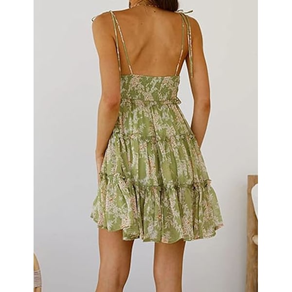 Dame 2025 Sommer Blomstret Mini Kjole Boho Løs Skater Kjoler Kort Ærmeløs Flæse Spaghetti Strop Kjole XL