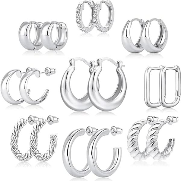 9 st Sliver Hoop Örhängen Set för Kvinnor Sliver Pläterade Chunky Hoops Twisted Huggie Hoop Örhängen för Present Lättvikt Sliver