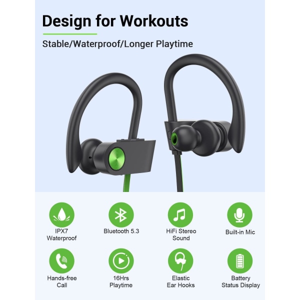 Bluetooth-hovedtelefoner, 5.3 trådløse sports-øretelefoner IPX7 vandtætte med mikrofon, stereo-svedsikre in-ear-hovedtelefoner, støjreducerende headset til fitnesscenterløb A,GreenBlack