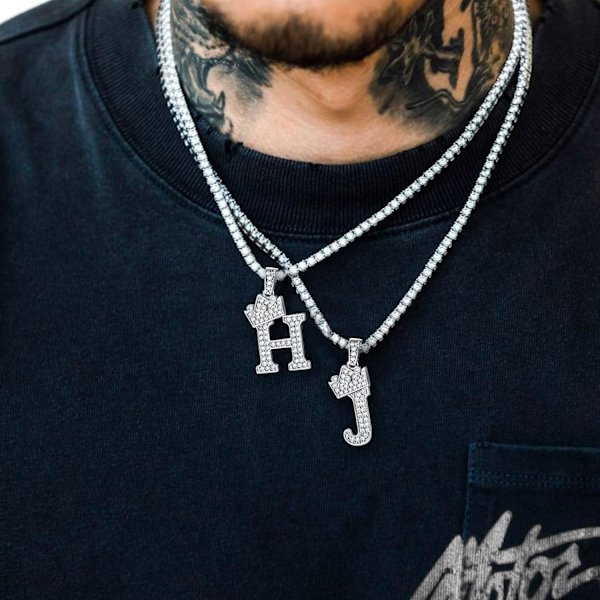 Krone Initial A-Z Halskæde, Iced Out Bogstav Vedhæng med 22-24 Tommer Kæde, Mænd Kvinder Bling Hip Hop Alfabet Navn Smykker Gave Store Initialer Halskæder H Silver